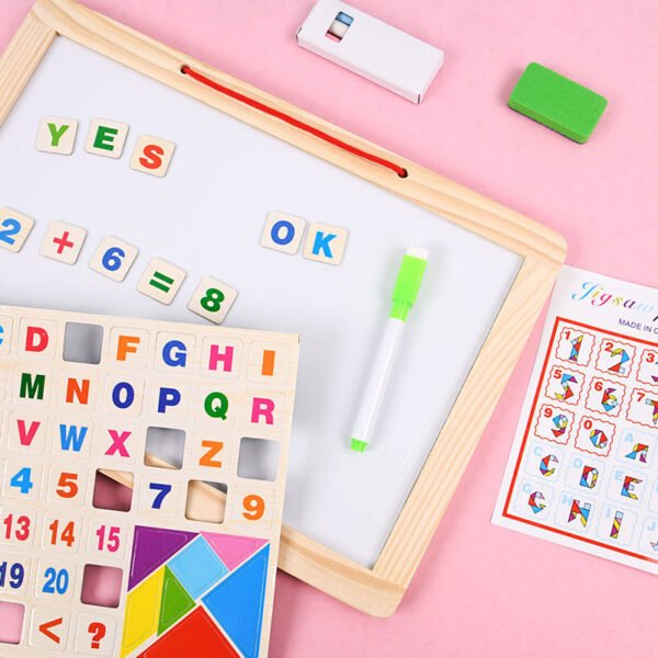 Double sided white board black board with magnetic wooden alphabet, chalk, eraser, marker and special magnetic tangram